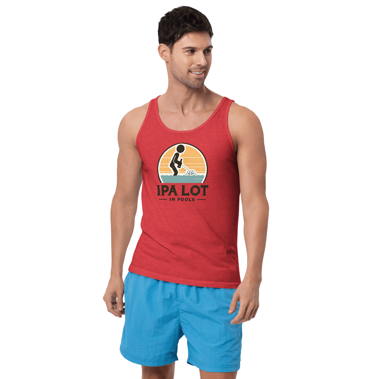 "IPA Lot in Pools" Men's Tank Top: Cool & Comfy Dive into style & laughter with our "IPA Lot in Pools" Men's Tank Top. Perfect combo of humor, beer vibes & comfort for pool days.