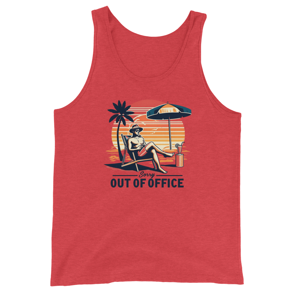 Man relaxing in a beach chair with a sunset backdrop, depicted on our 'Sorry, Out of Office' retro tank top.