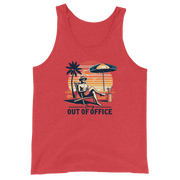 Man relaxing in a beach chair with a sunset backdrop, depicted on our 'Sorry, Out of Office' retro tank top.