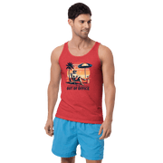 Man relaxing in a beach chair with a sunset backdrop, depicted on our 'Sorry, Out of Office' retro tank top.