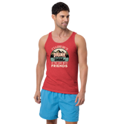 Men's tank top with "It's a Good Day to Drink at the Lake with Friends," depicting friends on a boat, lake and mountains.