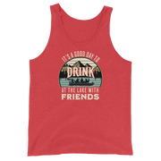 Men's tank top with "It's a Good Day to Drink at the Lake with Friends," depicting friends on a boat, lake and mountains.