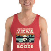 Men's tank top with "I Come to the Lake for the Views and Stay for the Booze," showing a man in a beach chair, lake, and sunset.