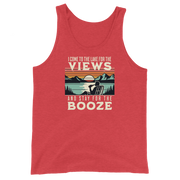 Men's tank top with "I Come to the Lake for the Views and Stay for the Booze," showing a man in a beach chair, lake, and sunset.