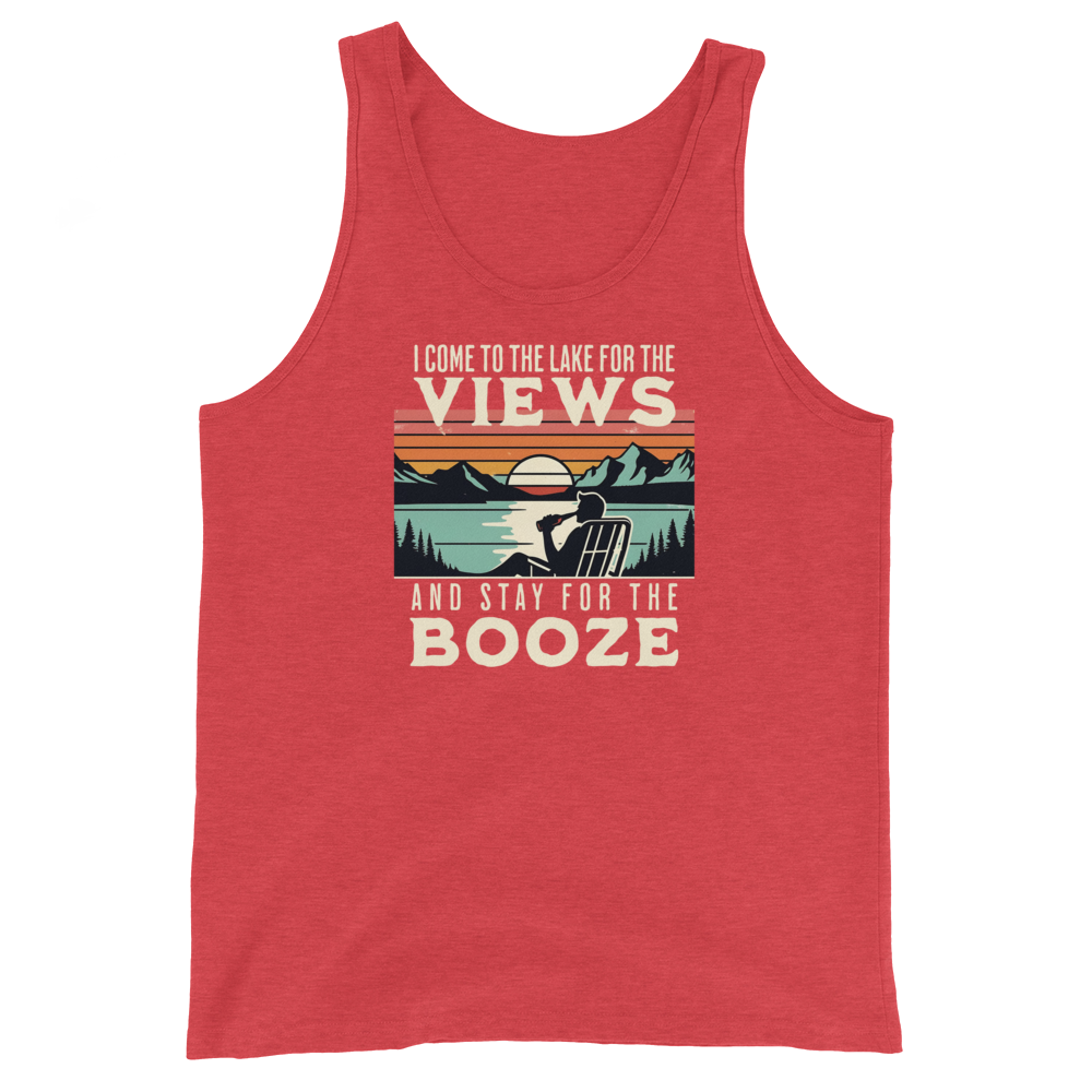 Men's tank top with "I Come to the Lake for the Views and Stay for the Booze," showing a man in a beach chair, lake, and sunset.