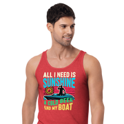 Men's tank top with "All I Need Is Sunshine, a Cold Beer, and My Boat," showing a man in a boat at sunset.