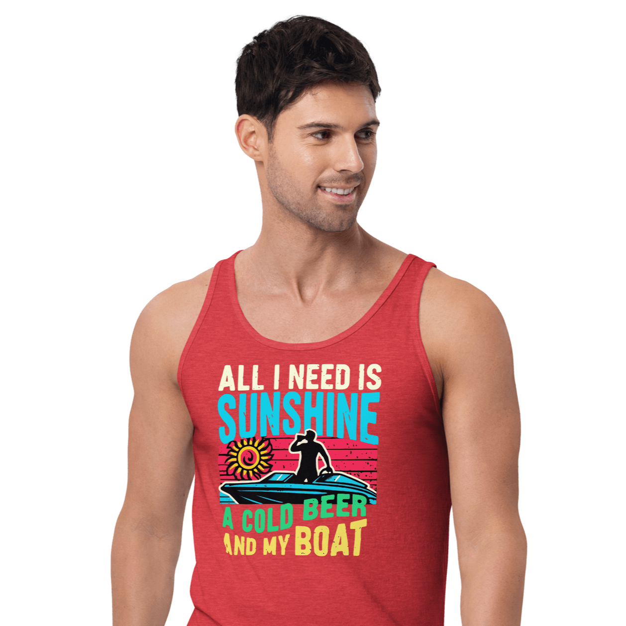 Men's tank top with "All I Need Is Sunshine, a Cold Beer, and My Boat," showing a man in a boat at sunset.