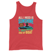 Men's tank top with "All I Need Is Sunshine, a Cold Beer, and My Boat," showing a man in a boat at sunset.