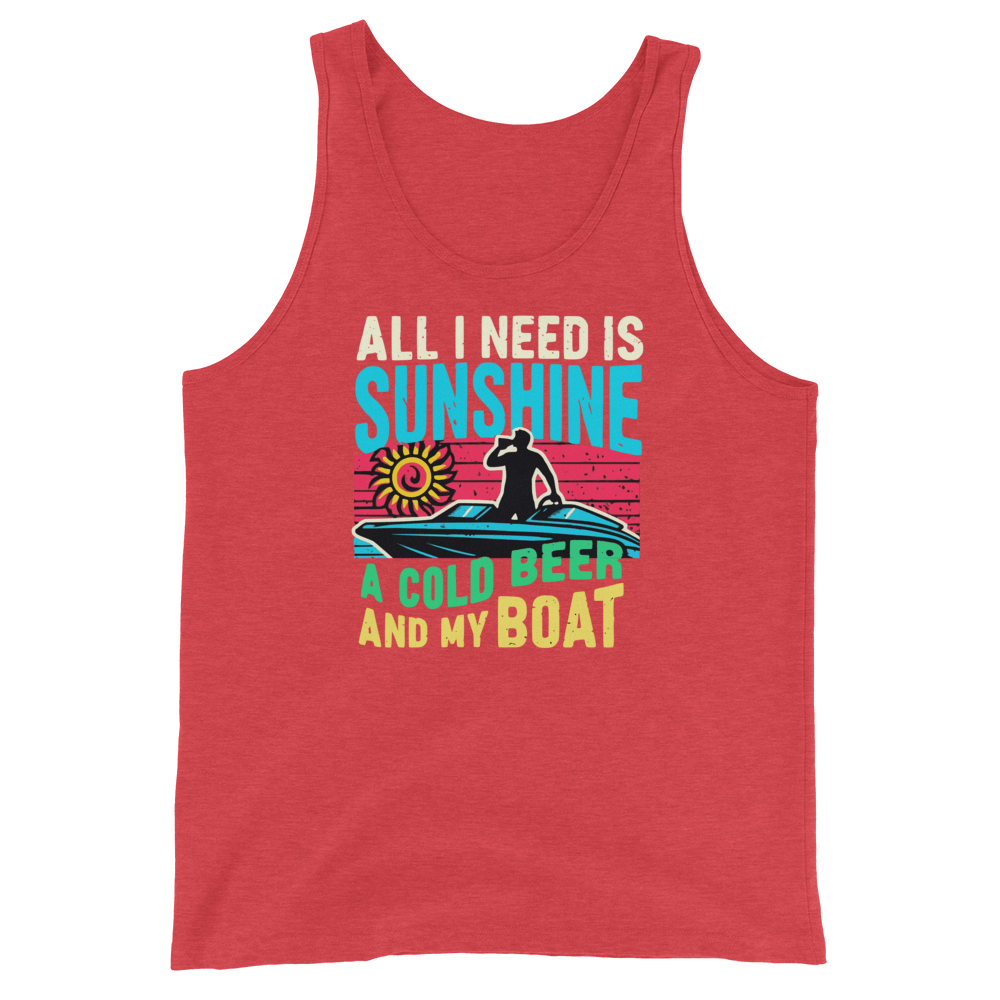 Men's tank top with "All I Need Is Sunshine, a Cold Beer, and My Boat," showing a man in a boat at sunset.