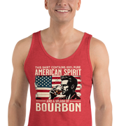 Men's tank top with 'This Shirt Contains 100% American Spirit and a Splash of Bourbon' text, man drinking a glass of bourbon, and distressed American flag background