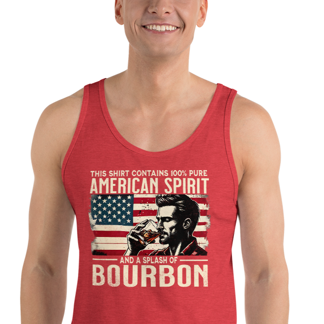 Men's tank top with 'This Shirt Contains 100% American Spirit and a Splash of Bourbon' text, man drinking a glass of bourbon, and distressed American flag background