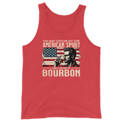 Men's tank top with 'This Shirt Contains 100% American Spirit and a Splash of Bourbon' text, man drinking a glass of bourbon, and distressed American flag background