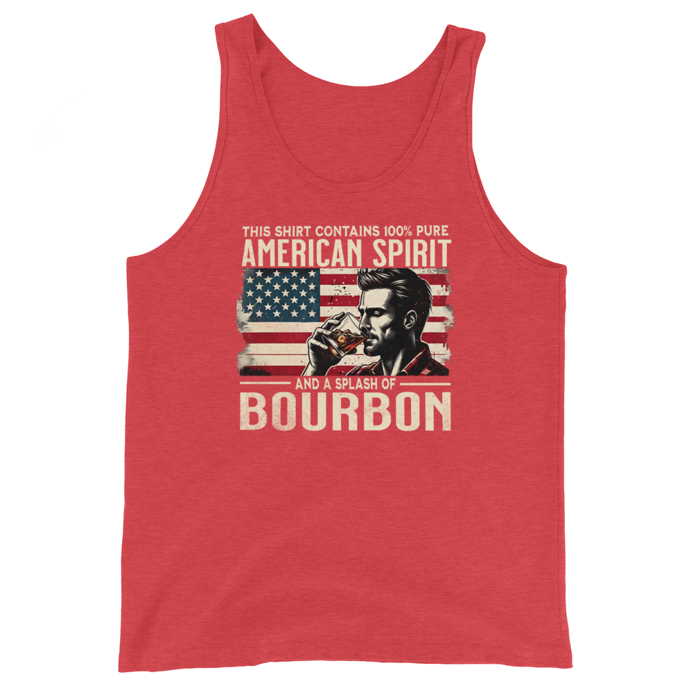 Men's tank top with 'This Shirt Contains 100% American Spirit and a Splash of Bourbon' text, man drinking a glass of bourbon, and distressed American flag background