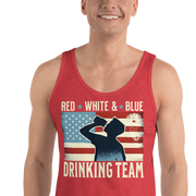 Tank top with Red White and Blue Drinking Team text, man drinking beer, and distressed American flag background. Perfect for 4th of July.