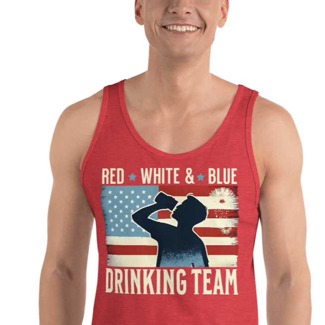 Tank top with Red White and Blue Drinking Team text, man drinking beer, and distressed American flag background. Perfect for 4th of July.