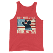 Tank top with Red White and Blue Drinking Team text, man drinking beer, and distressed American flag background. Perfect for 4th of July.