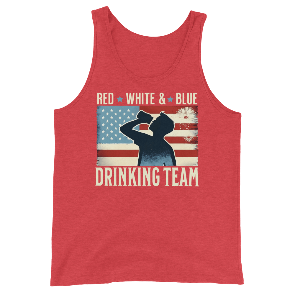 Tank top with Red White and Blue Drinking Team text, man drinking beer, and distressed American flag background. Perfect for 4th of July.