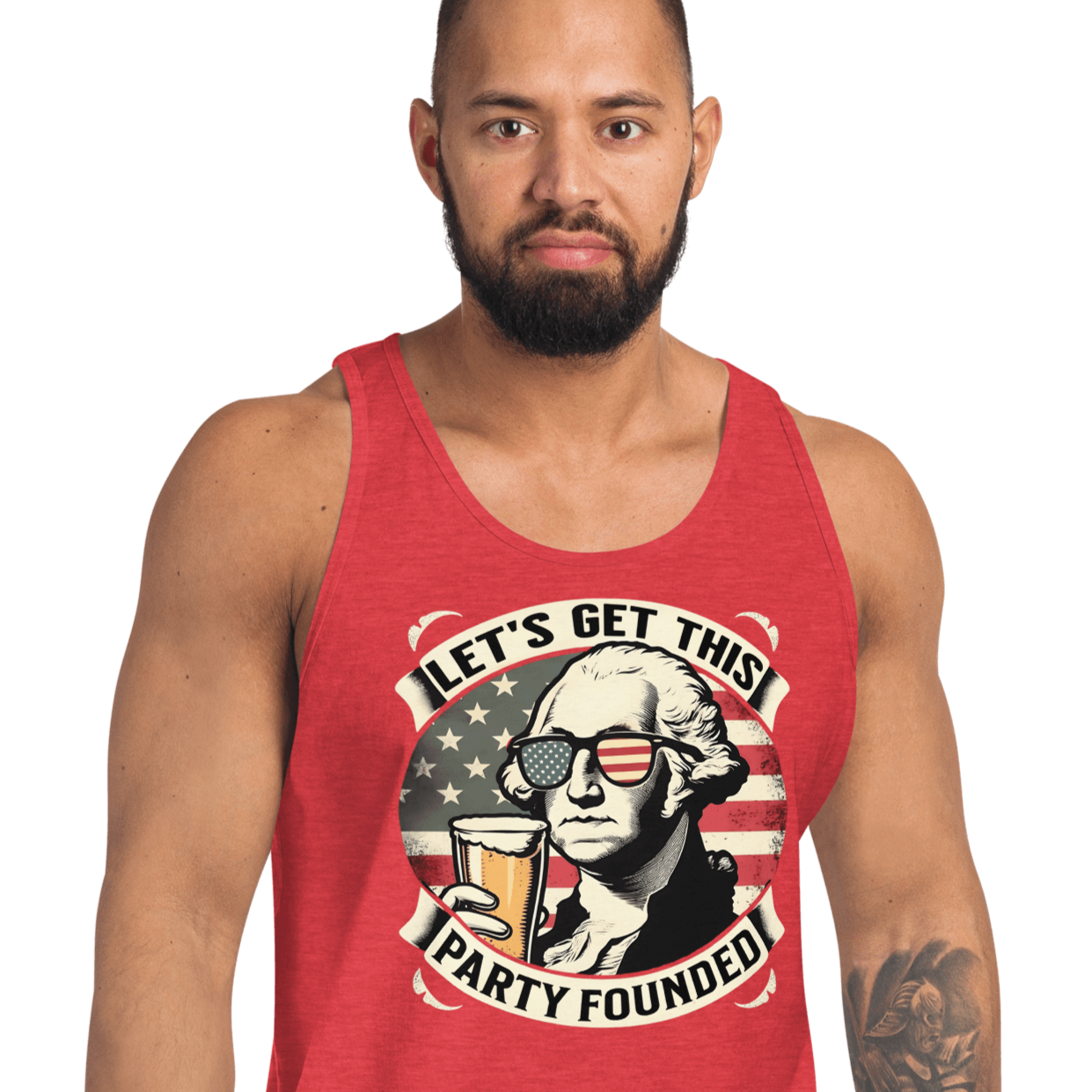 Tank top with Let's Get This Party Founded text, George Washington drinking a beer, and distressed American flag background. Perfect for 4th of July.