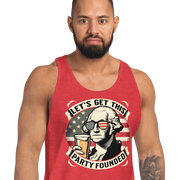 Tank top with Let's Get This Party Founded text, George Washington drinking a beer, and distressed American flag background. Perfect for 4th of July.