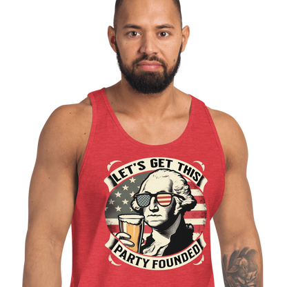 Tank top with Let's Get This Party Founded text, George Washington drinking a beer, and distressed American flag background. Perfect for 4th of July.