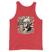 Tank top with Let's Get This Party Founded text, George Washington drinking a beer, and distressed American flag background. Perfect for 4th of July.