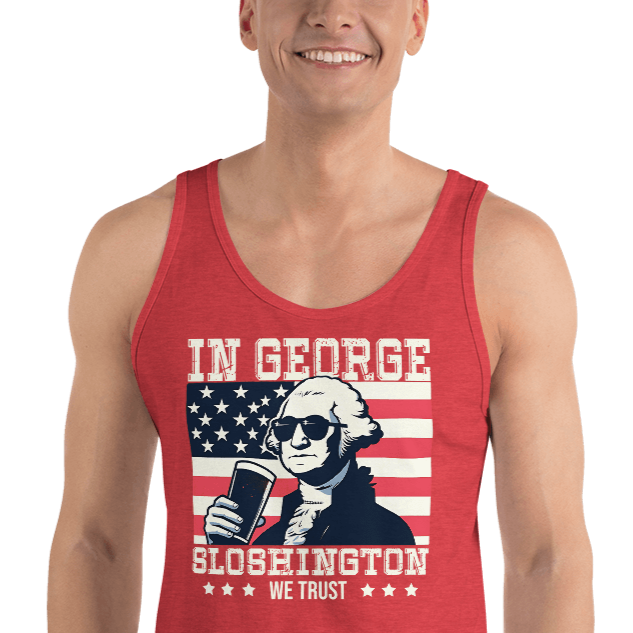 Celebrate 4th of July in style with our George Sloshington tank top. Perfect for BBQs & summer fun, featuring a fun patriotic design.