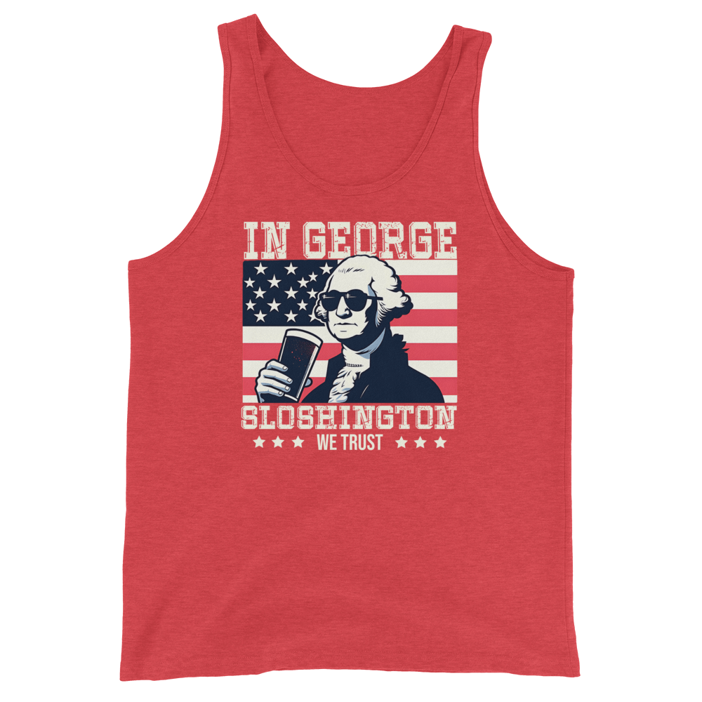 Celebrate 4th of July in style with our George Sloshington tank top. Perfect for BBQs & summer fun, featuring a fun patriotic design.