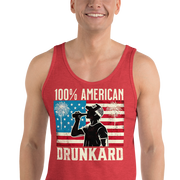 Rock your 4th of July with our '100% American Drunkard' men's tank. Perfect for BBQs or chilling with friends in patriotic style. Get yours now!