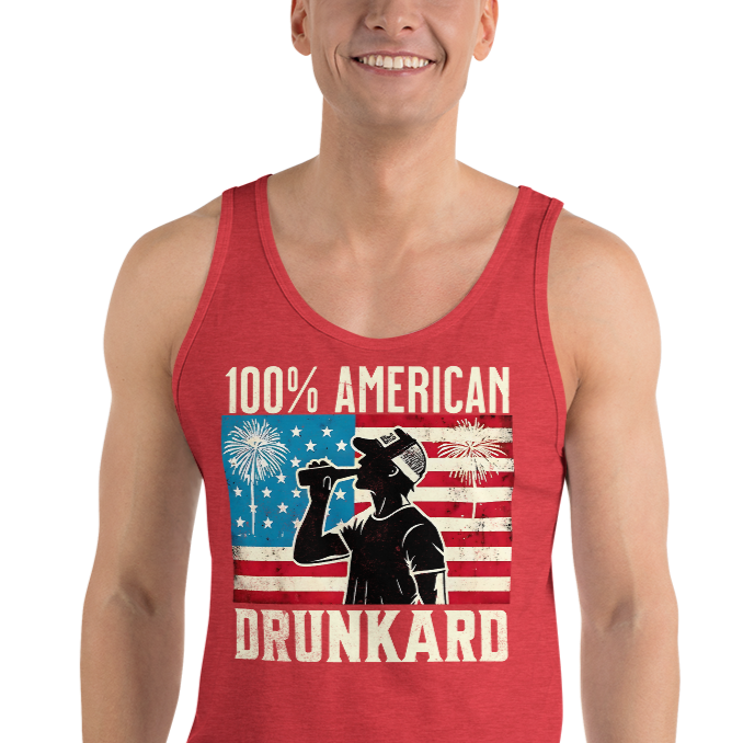 Rock your 4th of July with our '100% American Drunkard' men's tank. Perfect for BBQs or chilling with friends in patriotic style. Get yours now!