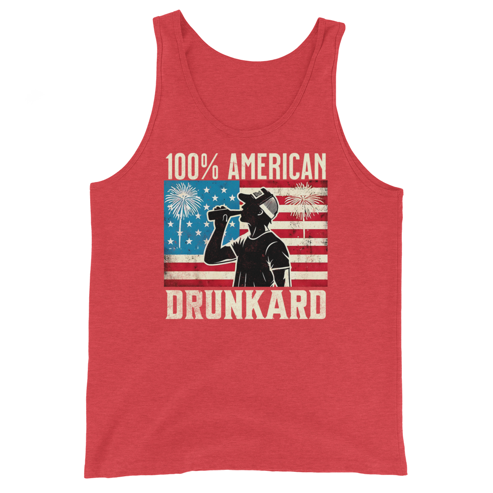 Rock your 4th of July with our '100% American Drunkard' men's tank. Perfect for BBQs or chilling with friends in patriotic style. Get yours now!