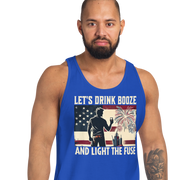 Men's tank top with 'Let's Drink Booze and Light the Fuse' text, featuring a festive, patriotic 4th of July theme.