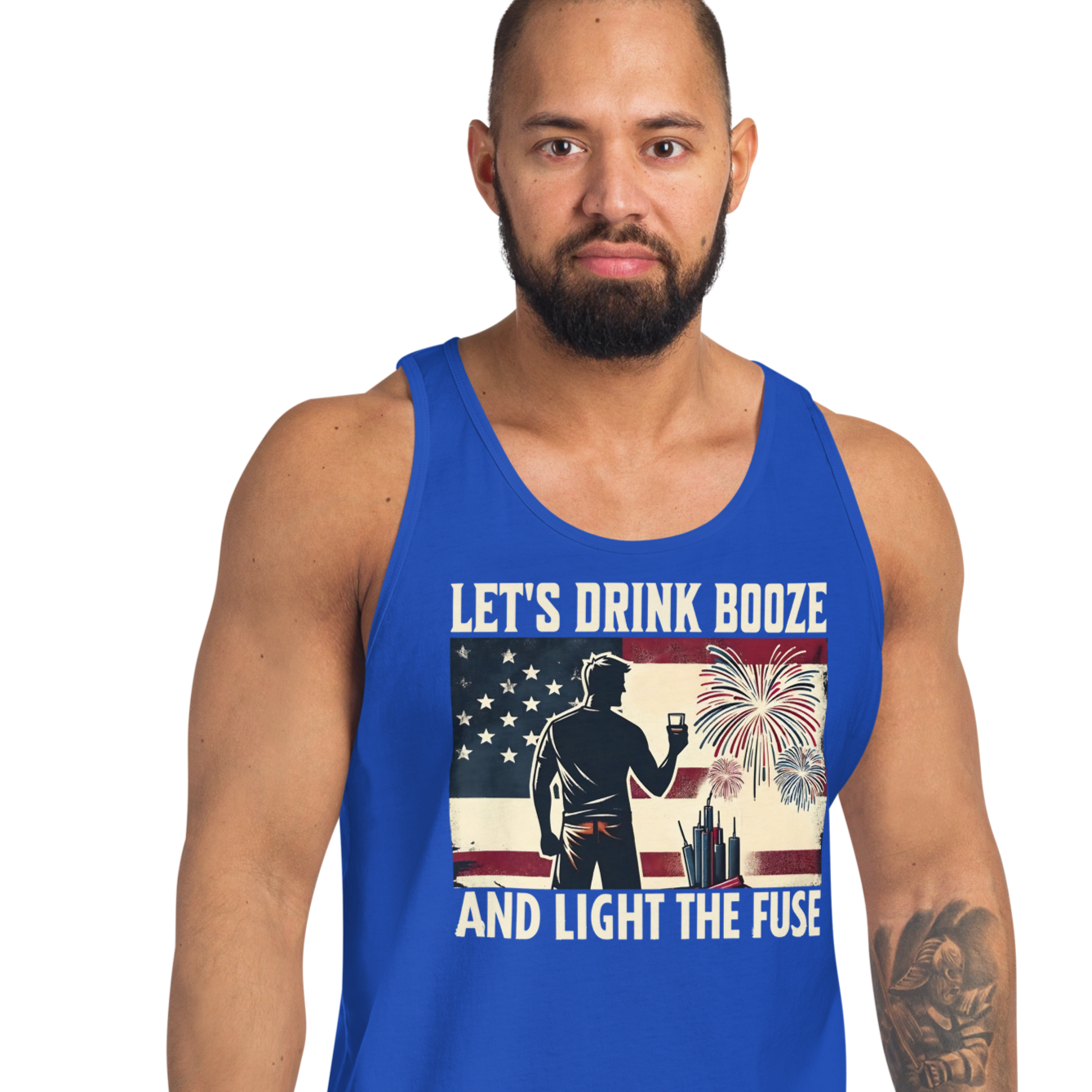 Men's tank top with 'Let's Drink Booze and Light the Fuse' text, featuring a festive, patriotic 4th of July theme.