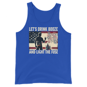 Men's tank top with 'Let's Drink Booze and Light the Fuse' text, featuring a festive, patriotic 4th of July theme.