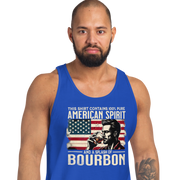 Men's tank top with 'This Shirt Contains 100% American Spirit and a Splash of Bourbon' text, man drinking a glass of bourbon, and distressed American flag background