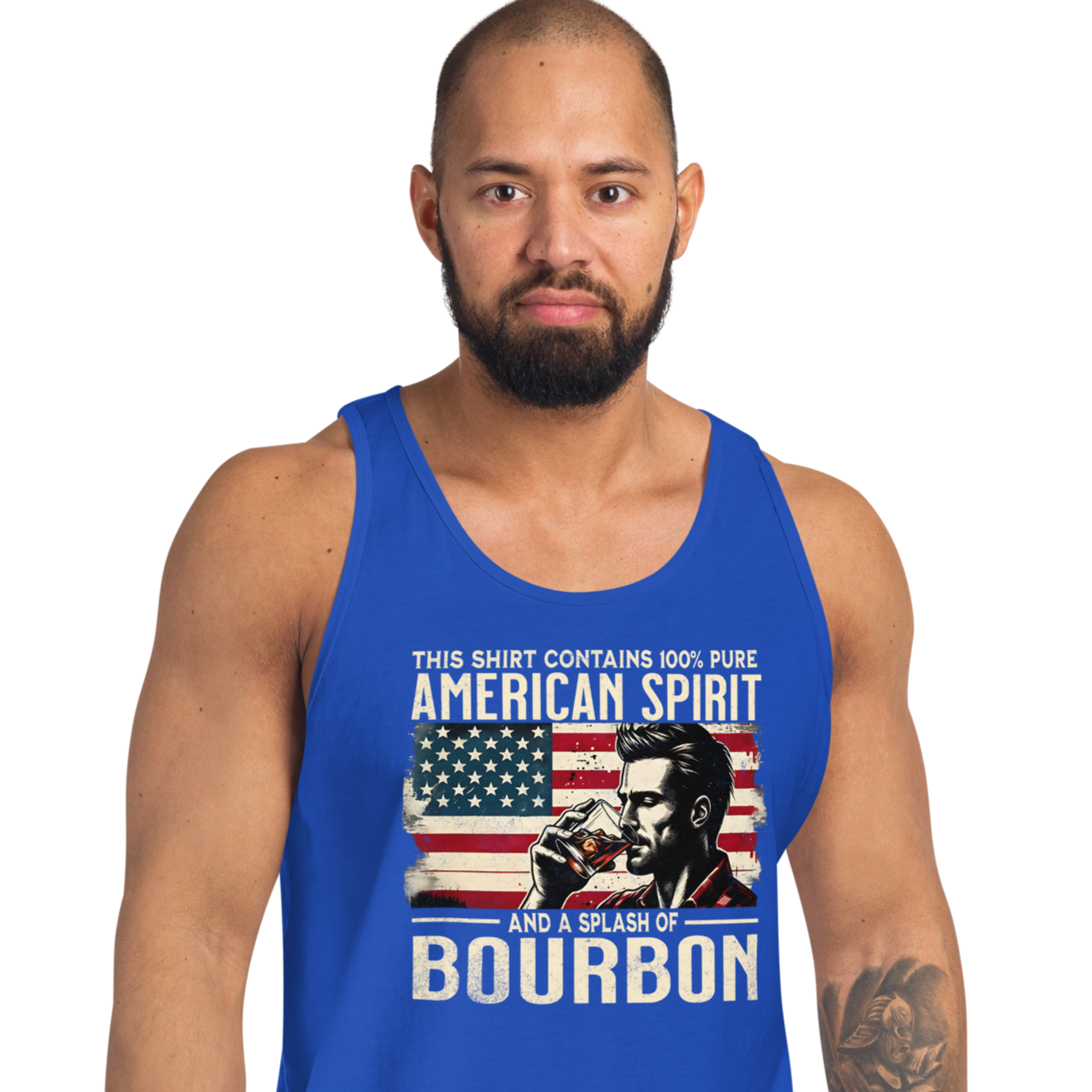 Men's tank top with 'This Shirt Contains 100% American Spirit and a Splash of Bourbon' text, man drinking a glass of bourbon, and distressed American flag background