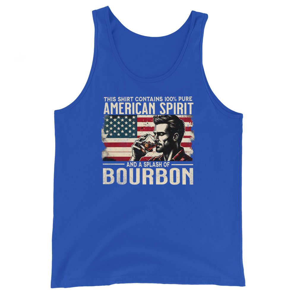 Men's tank top with 'This Shirt Contains 100% American Spirit and a Splash of Bourbon' text, man drinking a glass of bourbon, and distressed American flag background