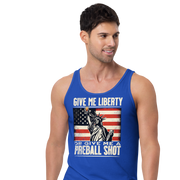 Tank top with Give Me Liberty or Give Me a Fireball Shot text, Statue of Liberty holding a shot glass, and distressed American flag background. Perfect for 4th of July.