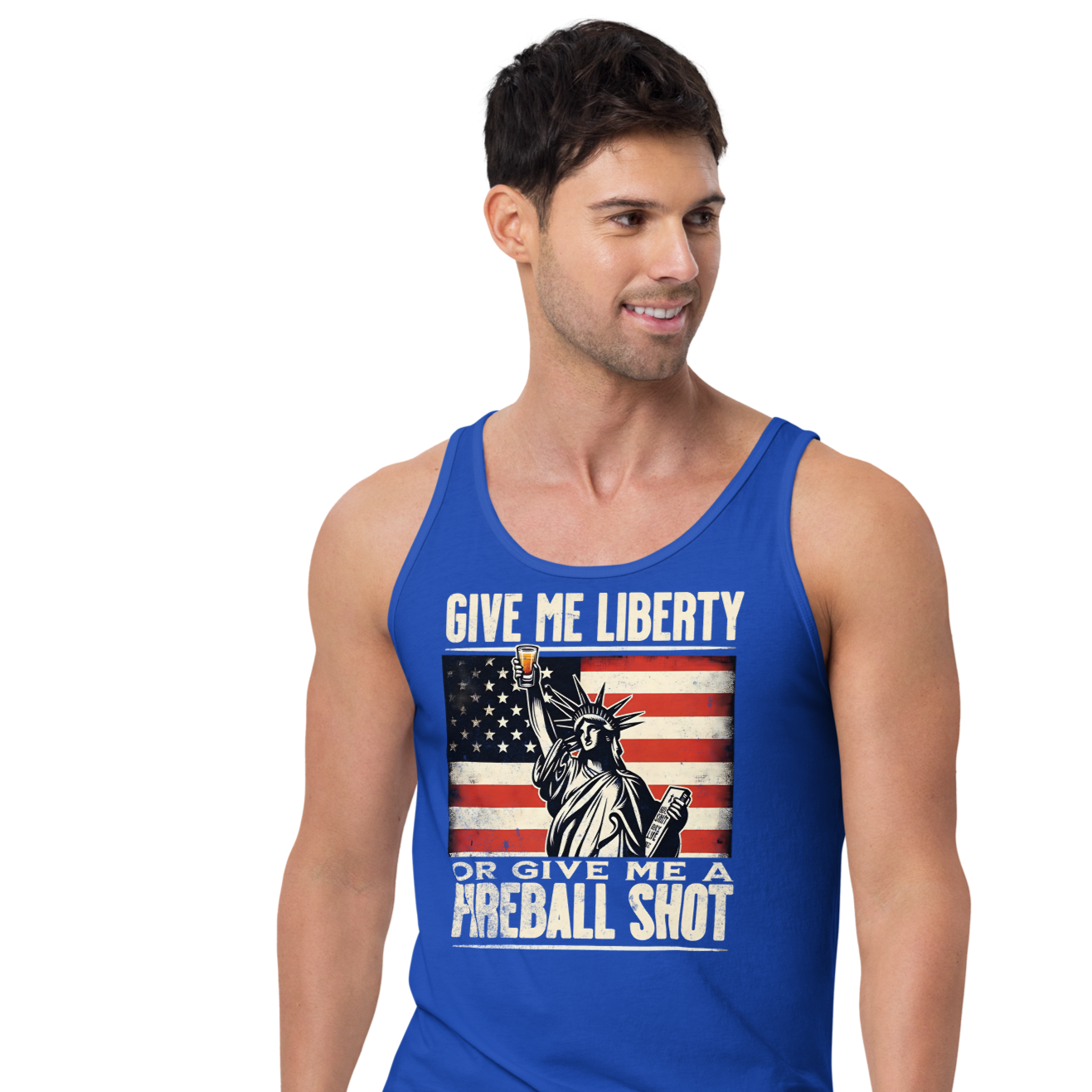 Tank top with Give Me Liberty or Give Me a Fireball Shot text, Statue of Liberty holding a shot glass, and distressed American flag background. Perfect for 4th of July.