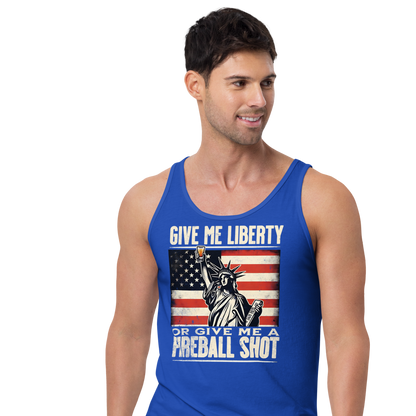 Tank top with Give Me Liberty or Give Me a Fireball Shot text, Statue of Liberty holding a shot glass, and distressed American flag background. Perfect for 4th of July.