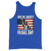 Tank top with Give Me Liberty or Give Me a Fireball Shot text, Statue of Liberty holding a shot glass, and distressed American flag background. Perfect for 4th of July.