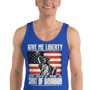 Tank top with Give Me Liberty or Give Me a Shot of Bourbon text, Statue of Liberty holding a shot glass, and distressed American flag background. Perfect for 4th of July.