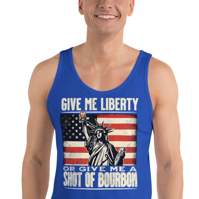 Tank top with Give Me Liberty or Give Me a Shot of Bourbon text, Statue of Liberty holding a shot glass, and distressed American flag background. Perfect for 4th of July.