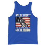 Tank top with Give Me Liberty or Give Me a Shot of Bourbon text, Statue of Liberty holding a shot glass, and distressed American flag background. Perfect for 4th of July.