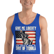 Tank top with Give Me Liberty or Give Me a Shot of Tequila text, Statue of Liberty holding a shot glass, and distressed American flag background. Perfect for 4th of July.