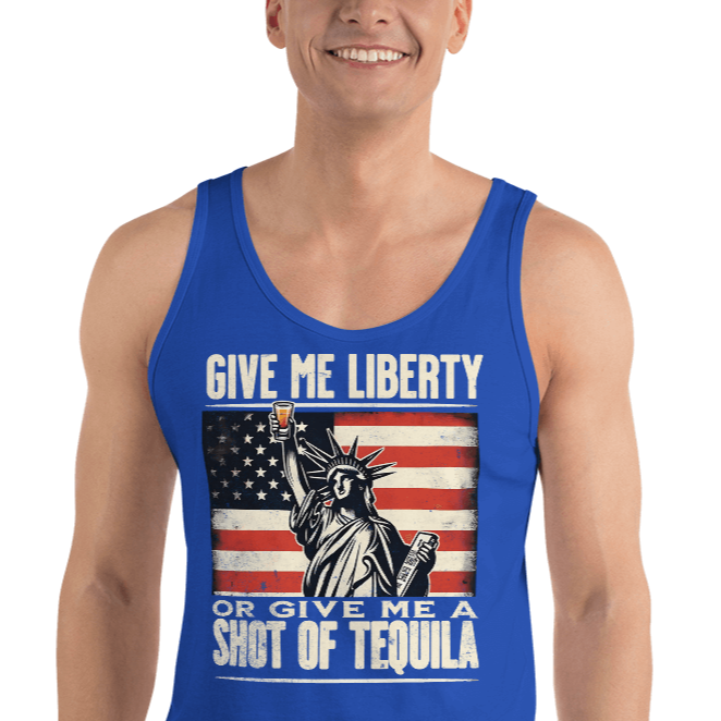 Tank top with Give Me Liberty or Give Me a Shot of Tequila text, Statue of Liberty holding a shot glass, and distressed American flag background. Perfect for 4th of July.