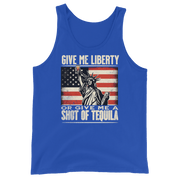 Tank top with Give Me Liberty or Give Me a Shot of Tequila text, Statue of Liberty holding a shot glass, and distressed American flag background. Perfect for 4th of July.