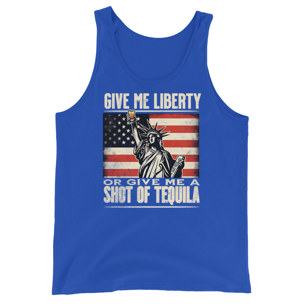 Tank top with Give Me Liberty or Give Me a Shot of Tequila text, Statue of Liberty holding a shot glass, and distressed American flag background. Perfect for 4th of July.