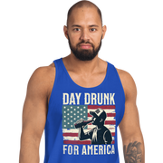 Tank top with Day Drunk for America text, silhouette of a man drinking a bottle of beer, and distressed American flag background. Perfect for 4th of July.