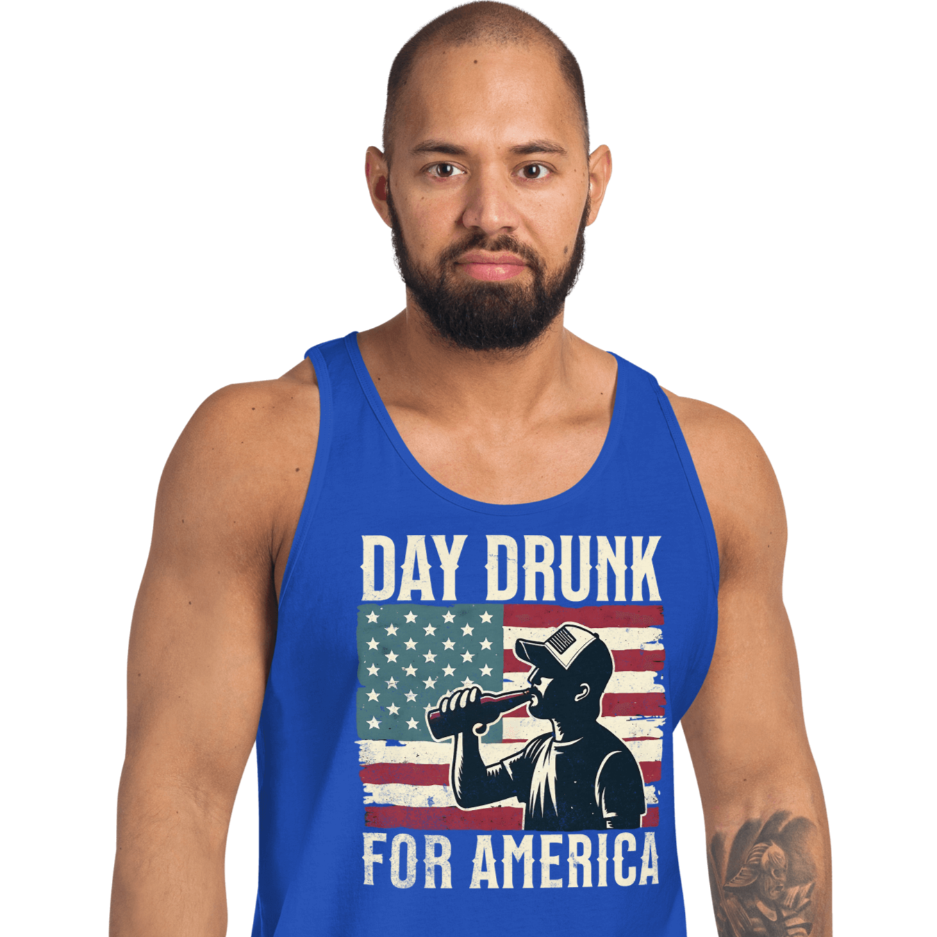 Tank top with Day Drunk for America text, silhouette of a man drinking a bottle of beer, and distressed American flag background. Perfect for 4th of July.