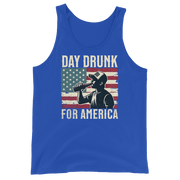 Tank top with Day Drunk for America text, silhouette of a man drinking a bottle of beer, and distressed American flag background. Perfect for 4th of July.